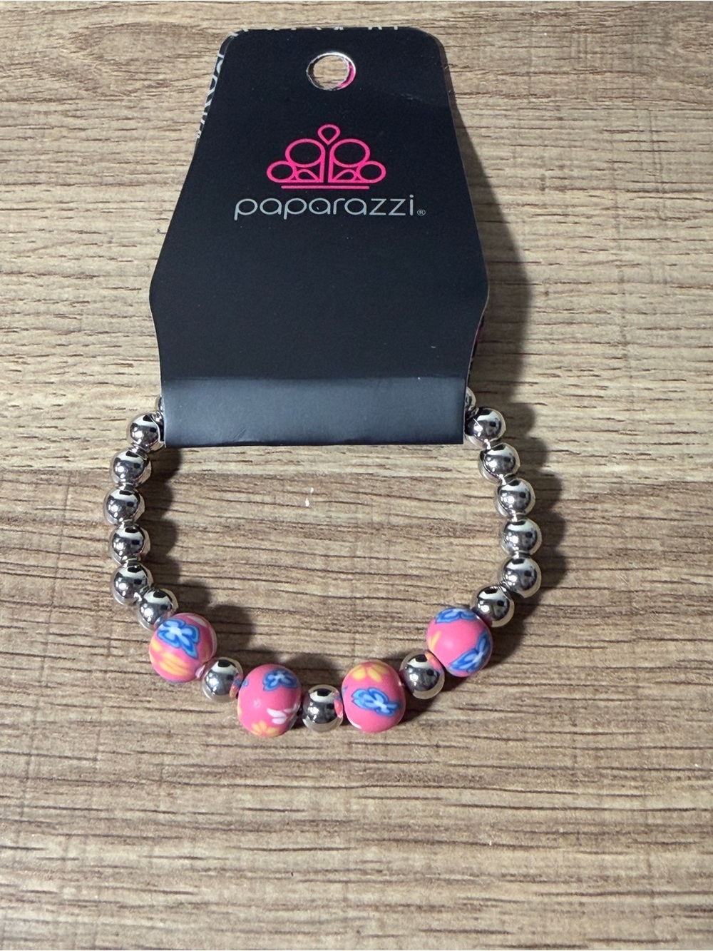 paparazzi Pink Floral Bead and Silver-Tone Stretch Bracelet